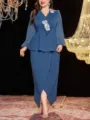 Plus Size Blaues Zweiteiliges Outfit Elegante Langarm Bluse Wickel Midirock Set Damen - 20
