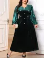Abito lungo taglie forti in velluto con maniche in satin e bottoni strass, verde scuro. - 1XL / Verde scuro