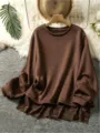 Brown casual crewneck sweatshirt featuring a chic lace hem, comfortable long sleeves for daily wear. - Color 9