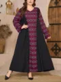 Plus size long sleeve maxi dress geometric print elegant loose casual abaya robe for women - 0021