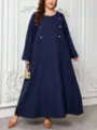 Plus Size Langarm dunkelblau gestreiftes Maxikleid mit zweireihigem Design fuer Damen. - Stil 224