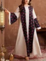 Vrouwen plus size lange mouw maxi jurk elegante casual losse bloemenprint lange abaya - Beige Zwart Contrast