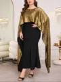 Elegantes Plus-Size Zweiteiler-Outfit mit metallic goldenem Cape-Top und schwarzem Maxi-Kleid. - 22