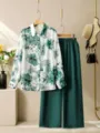 Modisches Damen Blumenmuster Langarmhemd und einfarbige Freizeithose zweiteiliges Set - 23