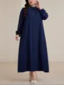 Plus size long sleeve maxi dress in dark blue, elegant loose fit with ruffled neckline and cuffs. - 0022