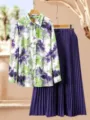 Blumenmuster Langarmhemd und unifarben lila Plissee Rock elegante zweiteilige Set. - 24