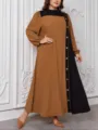 Abito lungo maxi maniche lunghe colore contrasto taglia forte elegante abaya casual - 1XL / Schema colori marrone e nero
