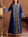 Dames grote maat elegante lange maxi jurk boho etnische bloemenprint losse caftan jurk - Donkerblauwe Print