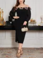 Plus size off shoulder black midi dress with floral neckline and mesh long sleeves. - Color 0024