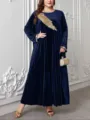 Elegante abito lungo in velluto taglie forti a maniche lunghe con bellissimo ricamo dorato. - 0XL / Blu scuro