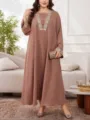 Elegante maxi lange jurk in grote maten voor dames, casual losse abaya met kant detail. - Bruin Kant