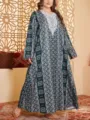 Plus size long sleeve maxi dress in dark green with elegant white geometric print and lace trim. - Color 0025