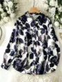 Plus size floral print long sleeve button up shirt casual loose lapel top for women variant - Color 16