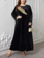 Taglie forti abito lungo in velluto nero elegante ricamo piuma d'oro maniche lunghe abaya maxi - 0XL / Nero