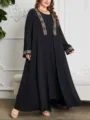 Plus size black maxi dress set with elegant embroidered trim long cardigan for women daily wear. - 0027