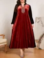 Elegantes Plus Size Samt-Langes Kleid mit besticktem V-Ausschnitt und langen Ärmeln. - Stil 229