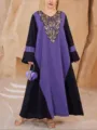 Plus size long sleeve maxi dress in black and purple with ornate embellished neckline. - 0028