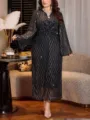 Elegante zwarte metallic gestreepte jurk met lange mouwen voor dames, feestkleding. - Zwarte Glitter Streep