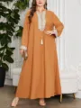 Plus size long sleeve casual elegant dress with delicate embroidery and tassel details for women. - Color 0029