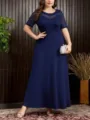 Abito lungo elegante blu navy taglie forti con maniche corte in pizzo per donna elegante. - 032 / 0XL