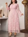 Elegante roze kanten maxi-jurk met lange mouwen en knopen voor dames chique plus size stijl - Roze Kant