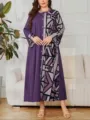 Plus size long sleeve purple maxi dress with geometric print panel, casual loose fit robe. - 0030