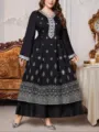 Plus size lange mouw zwarte maxi jurk elegante zilver geborduurde kant casual kaftan kleding - Zwart Zilver Borduurwerk