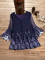 Plus size women's V-neck mesh sleeve blouse with elegant floral hem in deep blue color. - Color 23