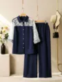 Damen Übergröße lässiges Marineblau zweiteiliges Set, Spitzenbluse und weite Hose. - 31