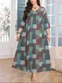 Abito lungo taglie forti a maniche lunghe patchwork, stile boho casual ed elegante. - 0082