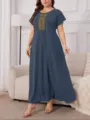Abito maxi ampio taglia forte da donna, elegante veste lunga ricamata a maniche corte. - 034 / 3XL