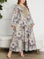 Plus size floral print long sleeve kaftan maxi dress with elegant gold embroidery details. - Color 0031