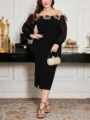 elegantes, groessengerechtes schulterfreies langarm schwarzes kleid mit blumendetail - Stil 232