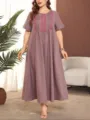 Grote maat maxi jurk mauve paars, elegante losse casual korte mouw dames lange jurk. - Lotusroze