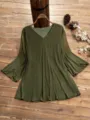 Olive green V-neck pleated plus-size women's blouse, casual loose elegant mid-sleeve top. - Color 24