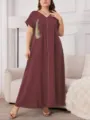 Abito lungo taglie forti casual largo manica corta collo V bordeaux elegante caftano abito - 035 / 1XL