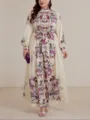 Plus size long sleeve floral maxi dress beige and purple variant for elegant daily wear. - 0032