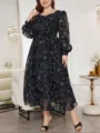 Plus size black sheer floral mesh long sleeve dress elegant midi dress for women fashion - 0033