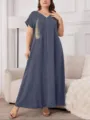 Abito lungo taglie forti ampio ed elegante da donna, maniche corte scollo a V confortevole. - 2XL / Vestiti / Blu scuro