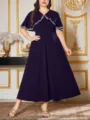 Plus size elegant navy blue long dress with cape overlay and white embroidery details. - 0034
