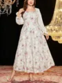 Elegantes Damen Plus-Size Blumen-Print Langarm-Kleid mit quadratischem Ausschnitt. - Stil 234
