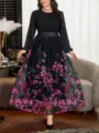 Dames lange mouwen bloemenprint maxi jurk elegante zwarte plus size kleding varianten - Zwart Bloemen Patchwork