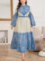 Abito maxi maniche lunghe taglie forti con stampa paisley blu, elegante collo in piedi. - 0081