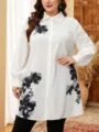 Plus size white long sleeve button-up shirt with black floral print for women, casual blouse. - Color 26