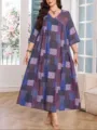 Taglia comoda scollo a V stampa patchwork vestito lungo elegante abito maxi casual - 0083