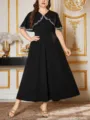 Plus size black elegant long dress with chic white embroidered V-neck capelet design for women. - Color 0035