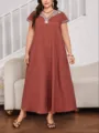 Plus size los elegante jurk met geborduurde V-hals en korte mouwen voor dames. - Baksteenrood