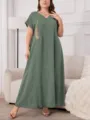 Abito lungo taglie forti verde con ricamo dorato, caftano abaya comodo ed elegante casual. - 0XL / Vestiti / Verde scuro