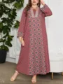 Plus size red geometric print long sleeve maxi dress elegant casual loose kaftan apparel - 0036