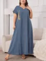 Taglie comode abito lungo elegante e largo con ricamo di piume d'oro da donna casual - 1XL / Vestiti / Blu grigiastro